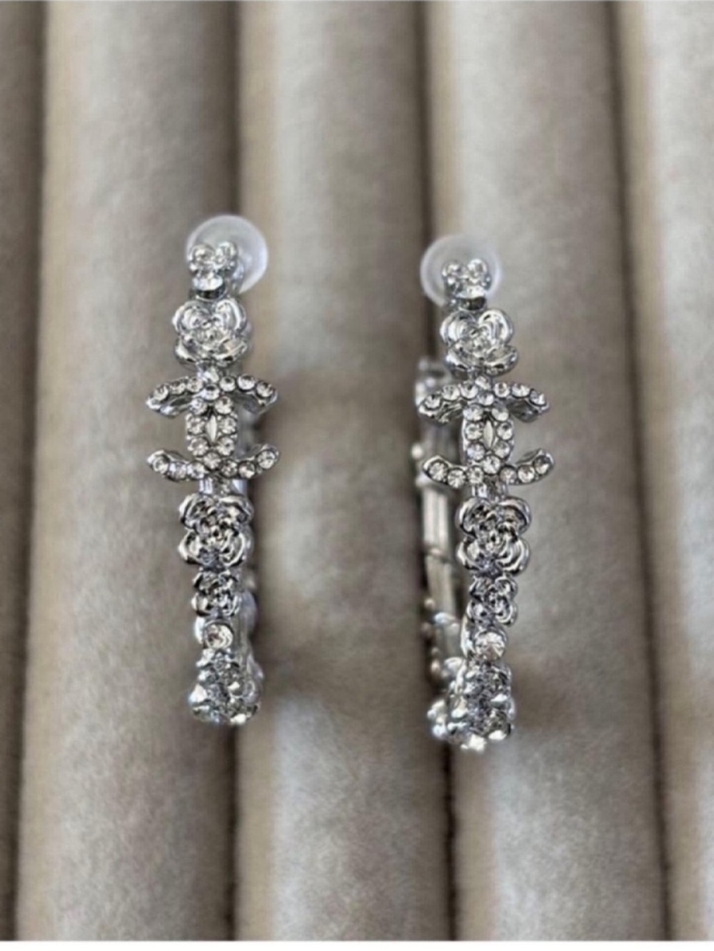 CHANEL Silver Crystal Floral Hoop Earrings